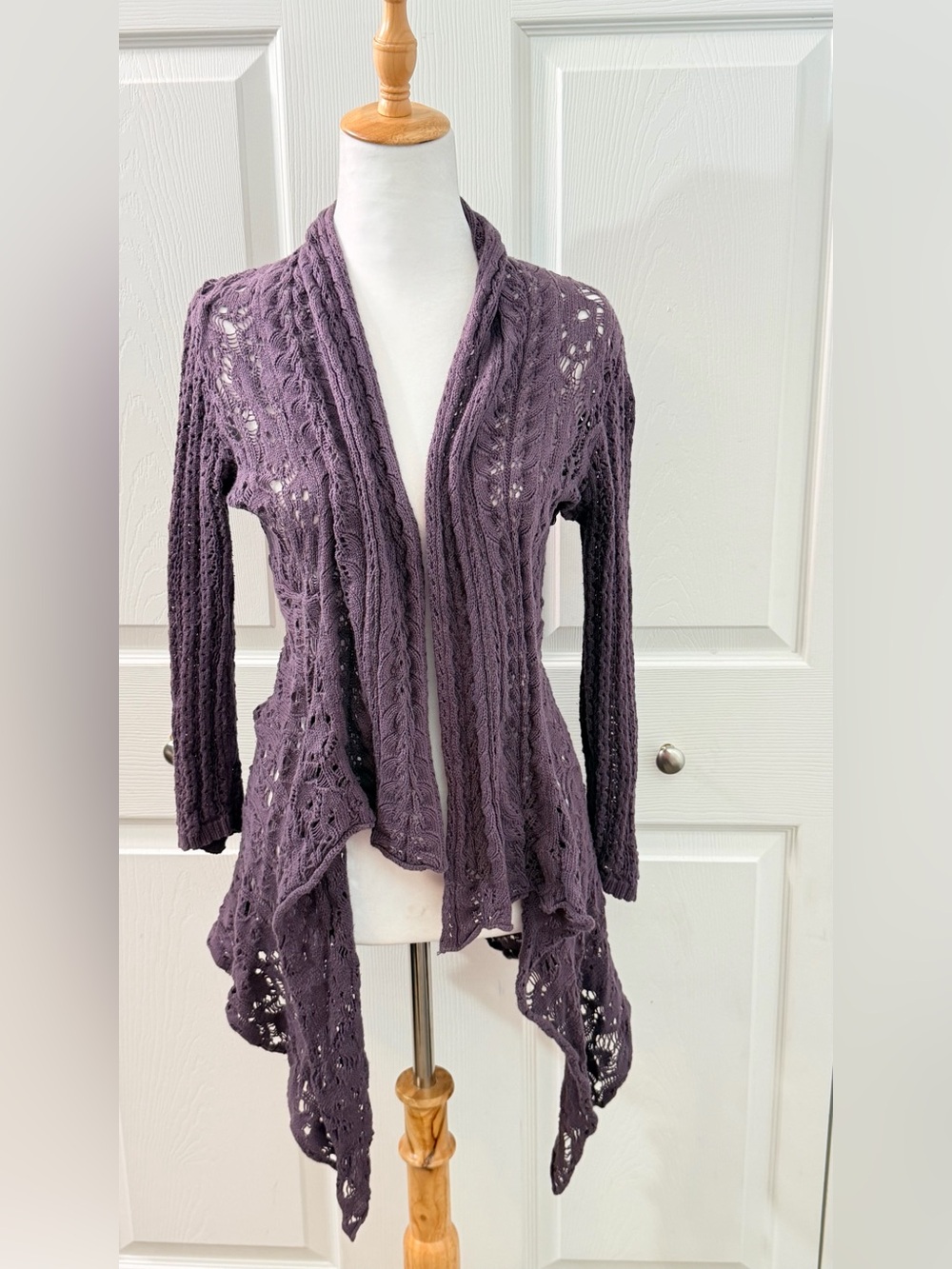 CAbi Purple Cotton Crochet Lace Open Front Draped Cardigan Medium Boho Artsy